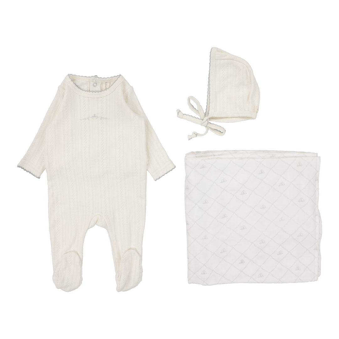 Pointelle Graphic Layette Set-Cream/Blue Crown