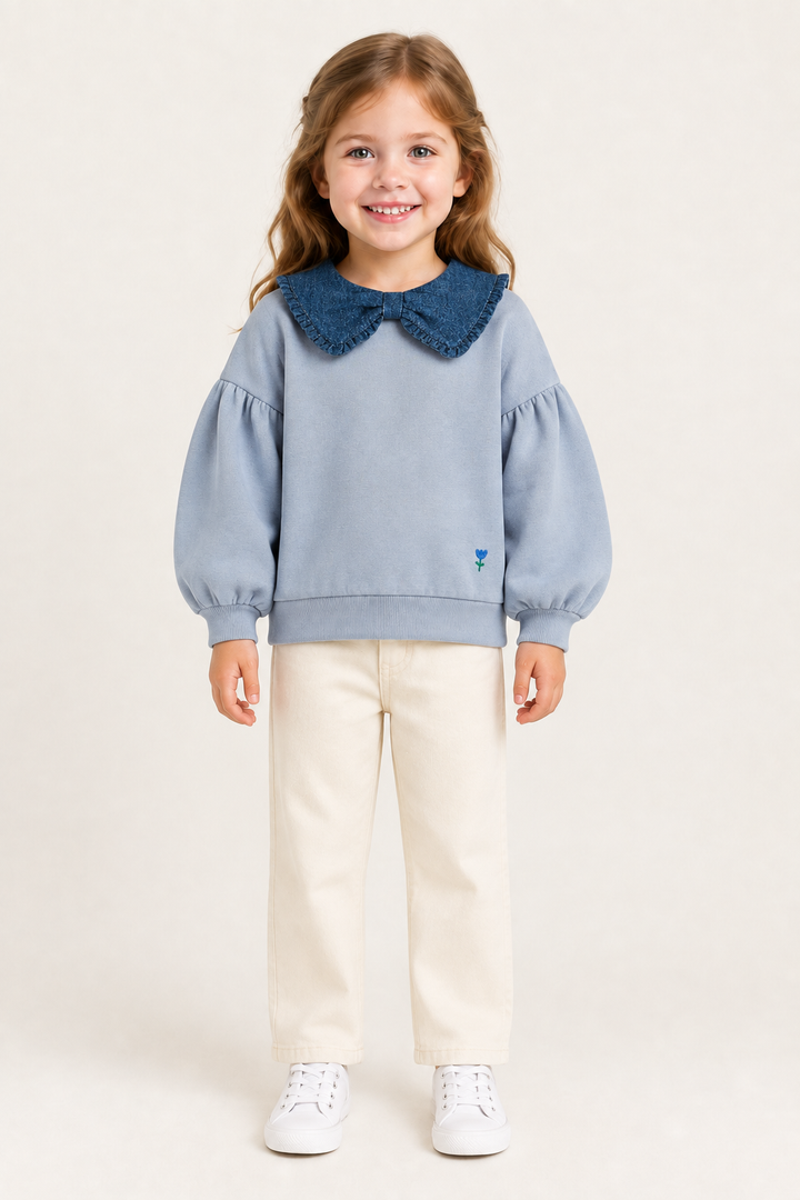Same girl wearing the AE003 flounce collar sweatshirt