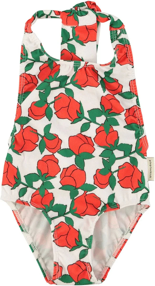 SS26.BNH2604-SWIMSUIT W/ BACK BOW - ECRU W/ RED ROSES