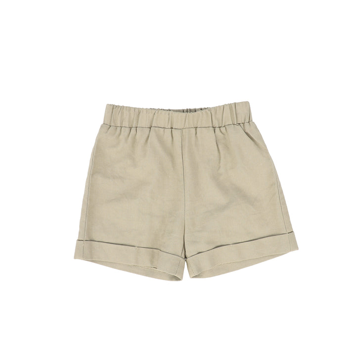 C-26509-Cuffed Linen Shorts-Tan