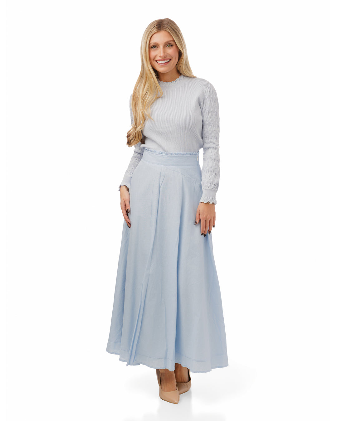 TS6111S-A-Cotton Skirt With Fringed Waistband - Light Blue