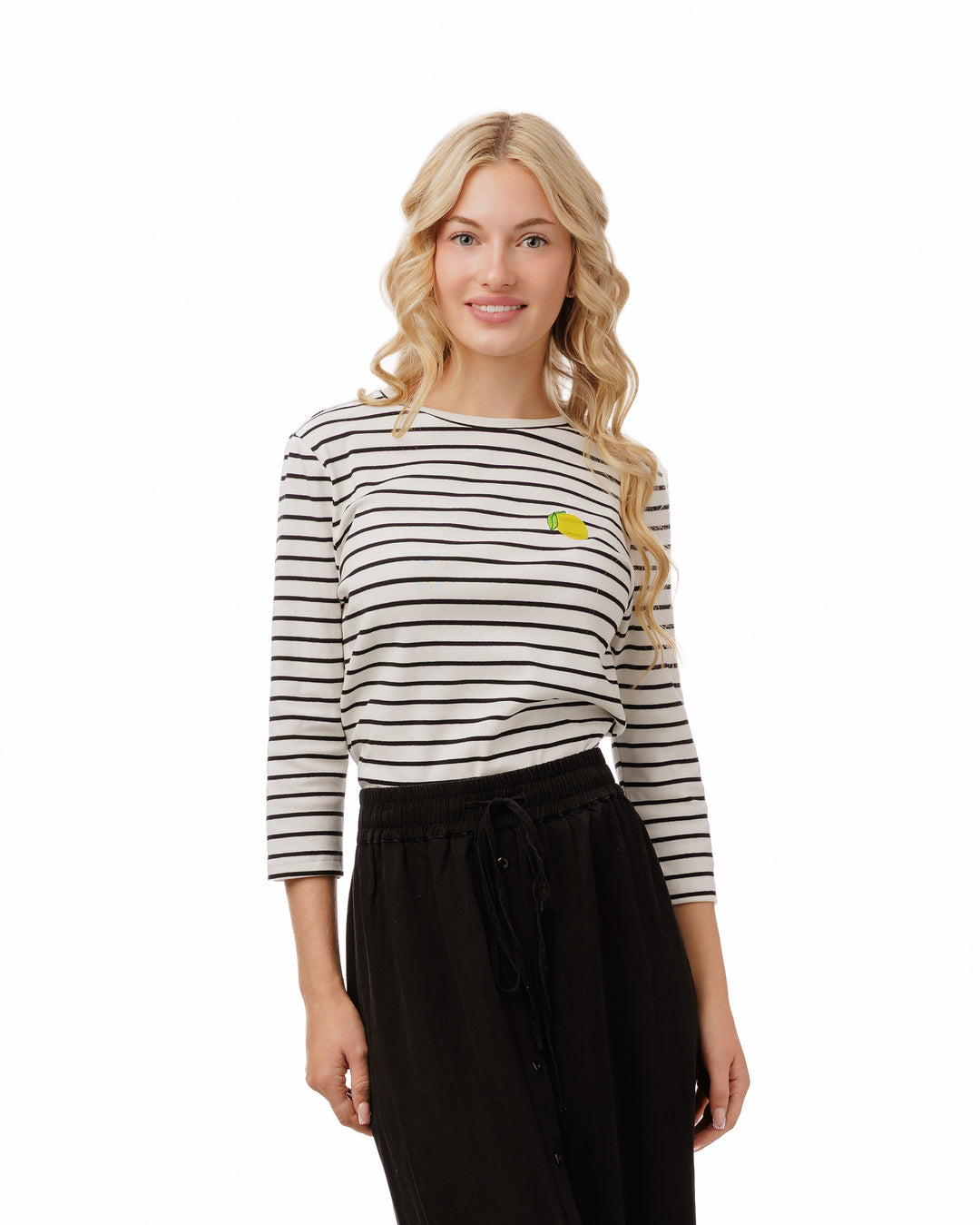 TS6295T-A-Lemon Embroidery Striped White Top