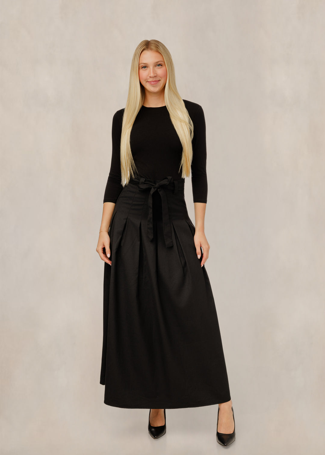 TW61011S-B Pleated A-Line Tie Waist Skirt - Black