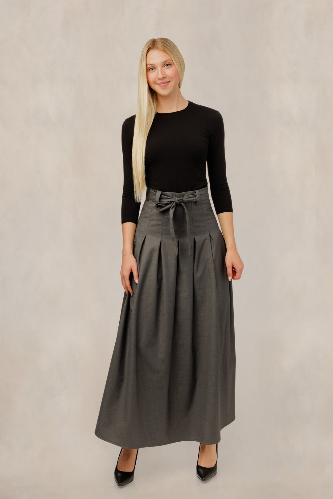 TW61011S-A Pleated A-Line Tie Waist Skirt - Charcoal Grey