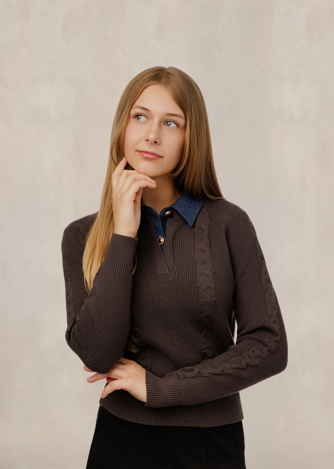 TW61034T-A Cable Knit Denim Collar Sweater - Brown