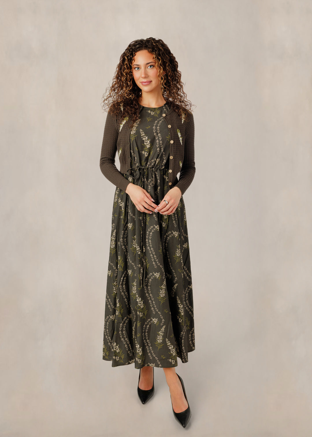 TW61061D-A Olive Floral Dress W/ Matching Embroidered Cardigan