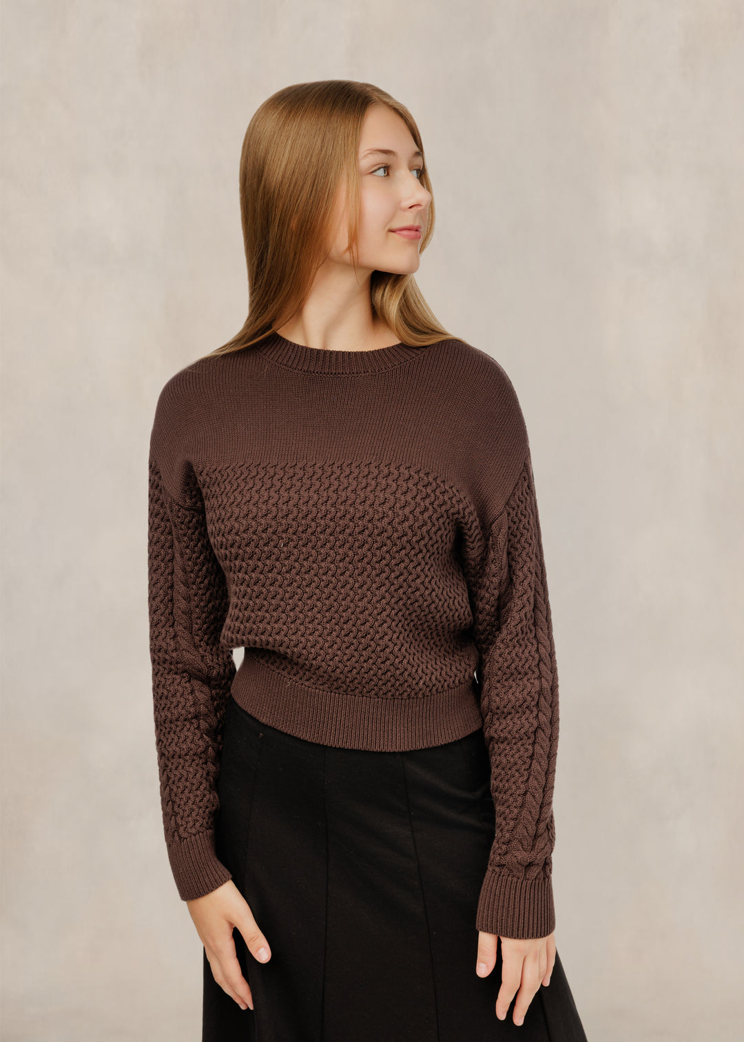 TW61086T-A Brown Textured Knit Crew Neck Sweater