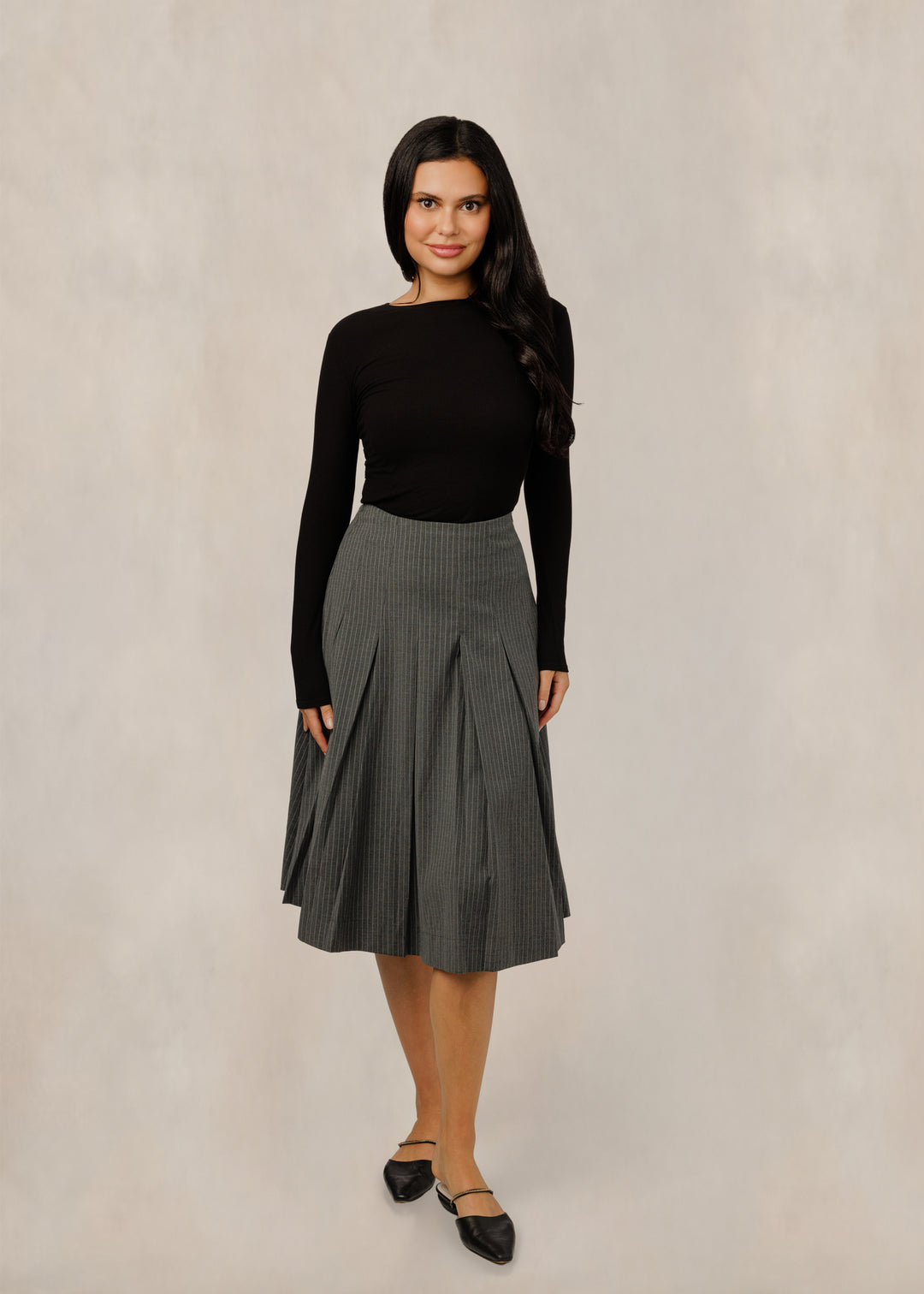 TW61183S-A Charcoal Pinstripe Pleated Midi Skirt