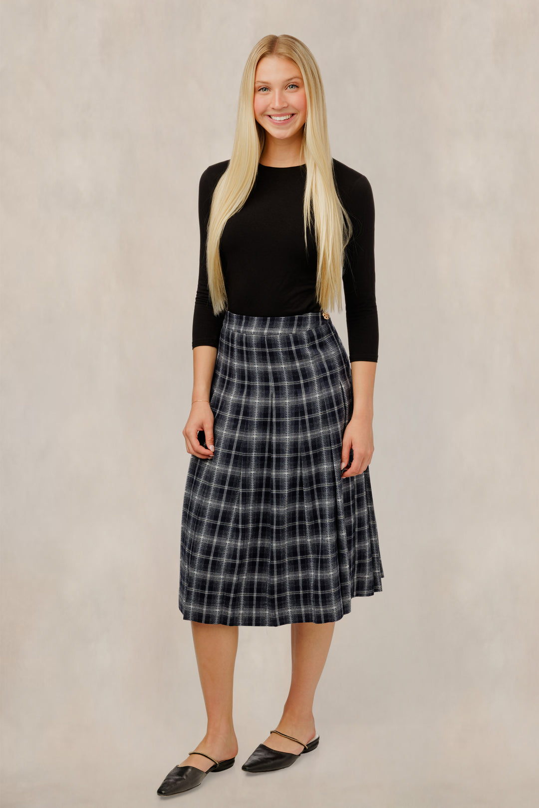 TW61208S-A Plaid Midi Skirt - Navy