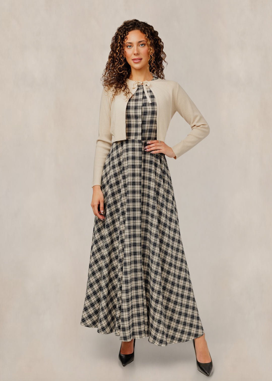 TW61509D-A Plaid A-Line Dress W/ Beige Overlay