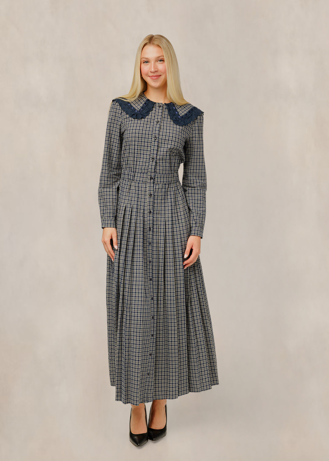 TW61812D-A Navy And Beige Plaid Dress W/ Lace Trim Collar