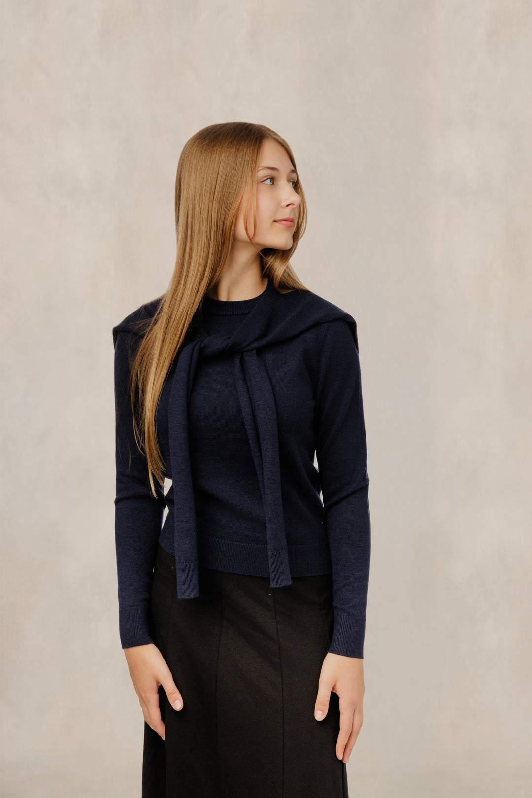 WW61324T-A Navy Scarf Detail Knit Top