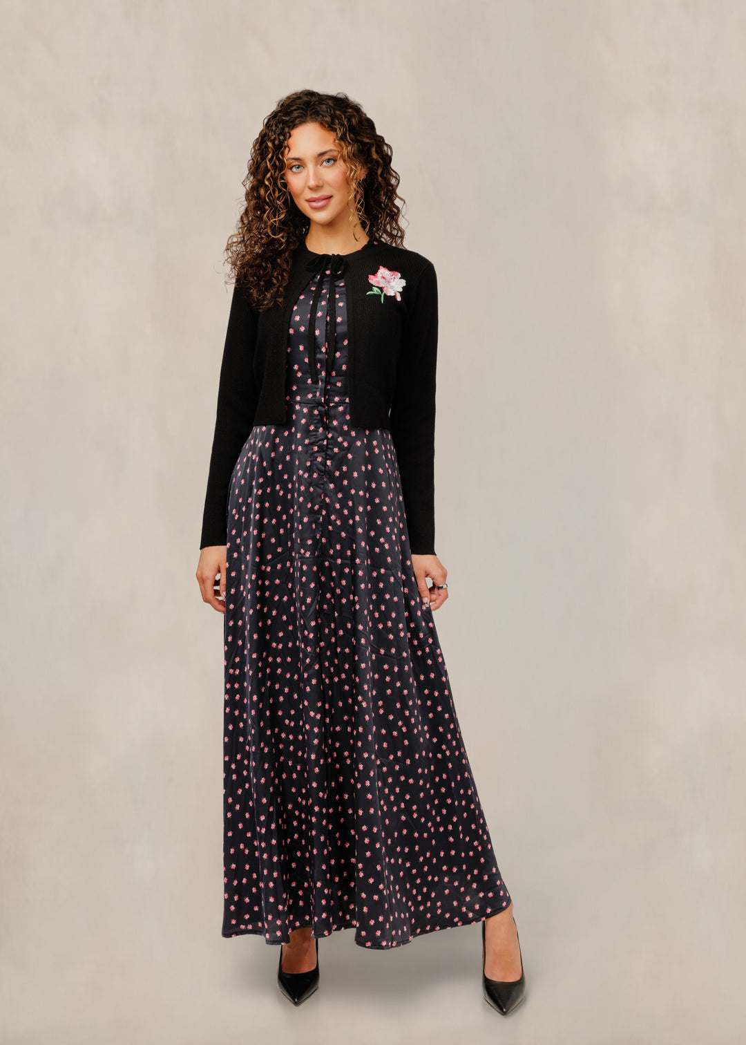 WW61915D-A Mini Floral Black Dress W/ Embroidered Cardigan